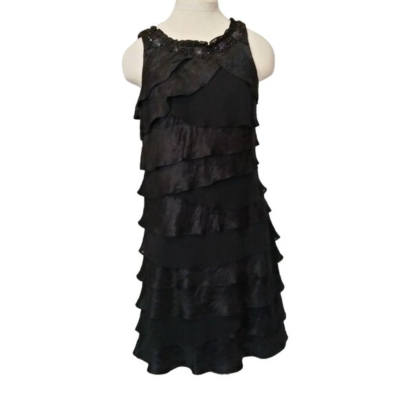 S.L. Fashions Black Embellished Neck Tiered Ruffle Side Zip Dress Size 12 - Picture 2 of 9